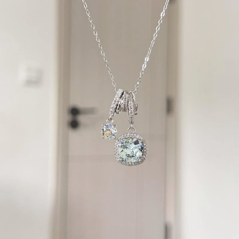 925 Pure Silver Ice-clear Sea Blue Square Zircon Necklace