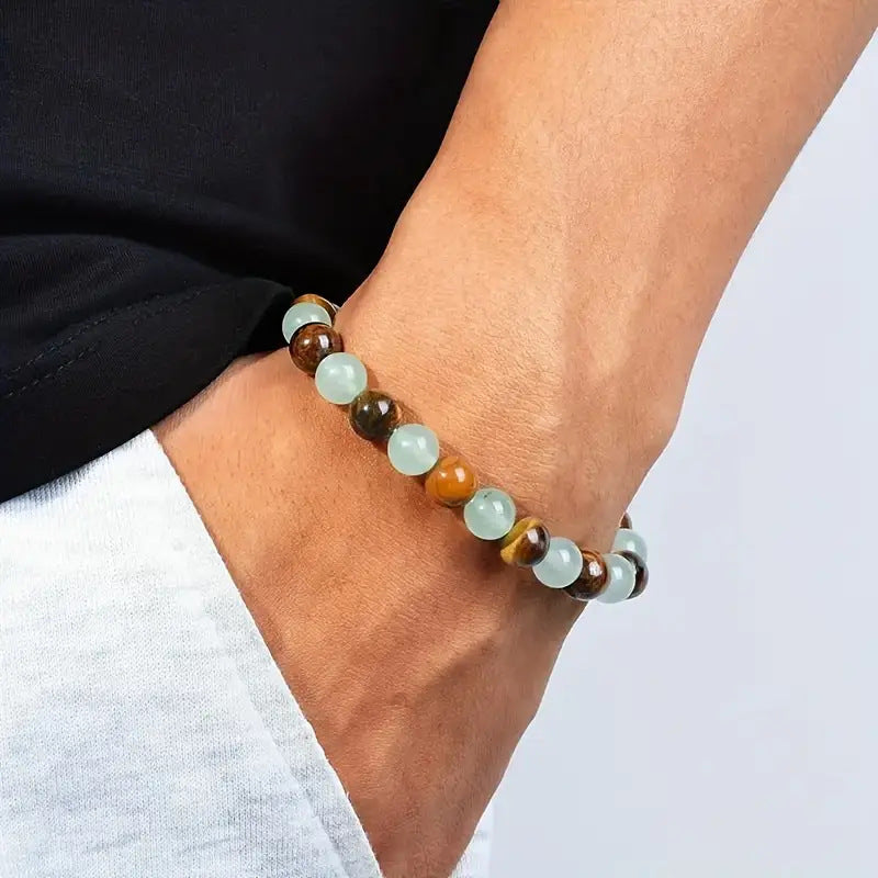 Natural Tiger Eye & Green Jade Bracelet Handcrafted Beads