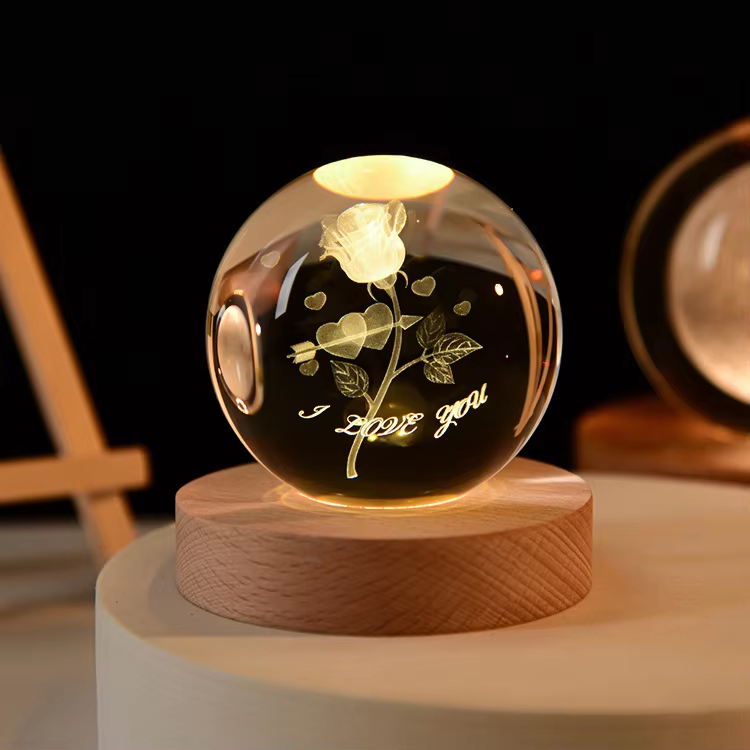 "I love you" Rose flower crystal ball 3D laser printed. Light base and remote control included