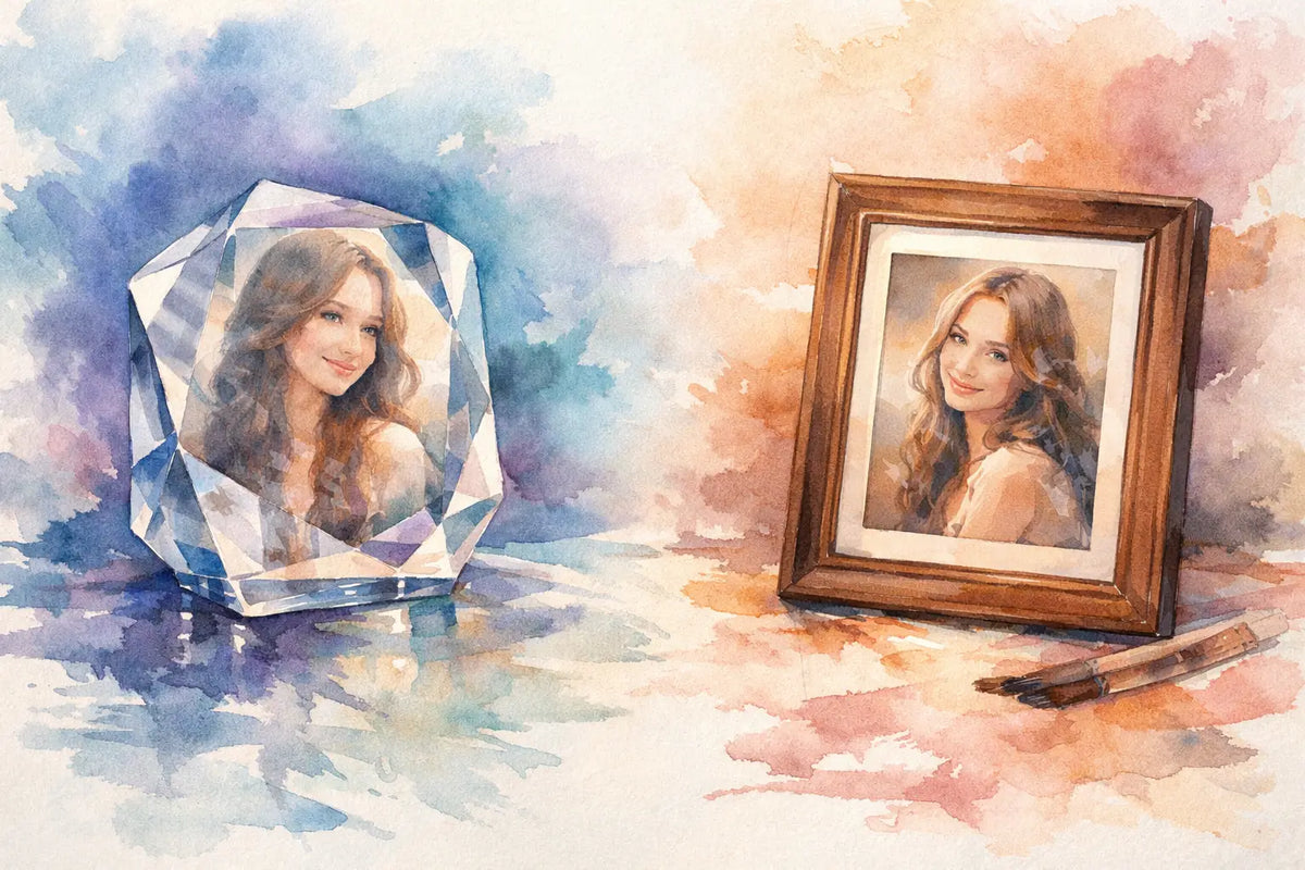 Crystal Portrait Versus Framed Photograph