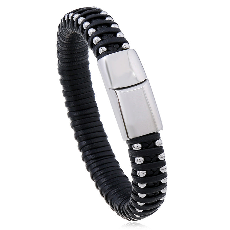 Hand-woven Titanium Steel Magnet Buckle Leather Bracelet unisex